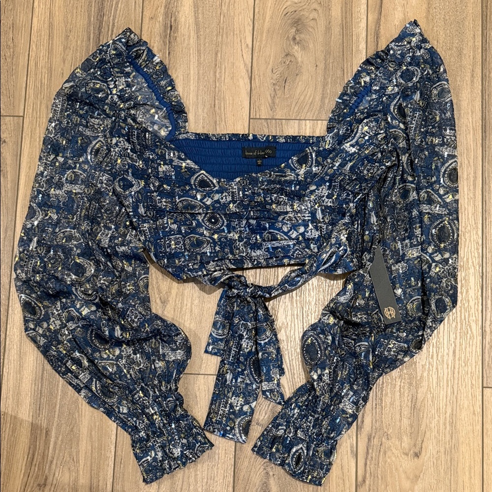 House of Harlow 1960 Blue and White Patterned Blouse